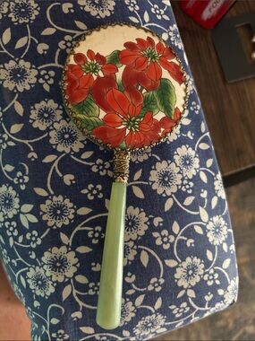 Vintage Chinese Floral Hand Mirror with Red Poinsettia Design